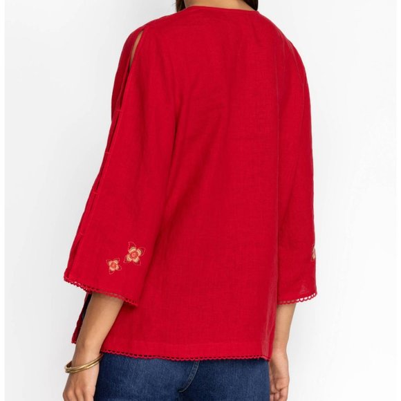 Women Johnny Was Messine V-Neck Top With Side Slits Equestrian Red - Picture 3 of 6